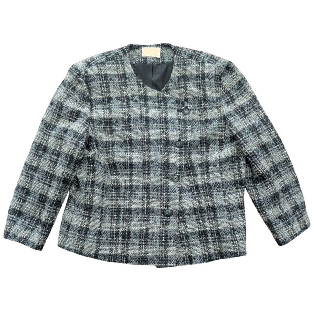 VTG Women's Pendleton Blazer Jacket 100% Virgin Wool Plaid Gray Black Size 16